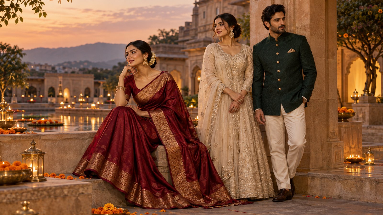 Original illustrative campaign with adults in garnet, ivory and deep-green occasion wear in a sandstone courtyard